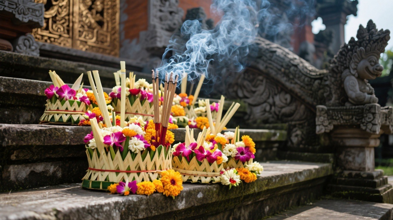 A Balinese temple ceremony with offerings
