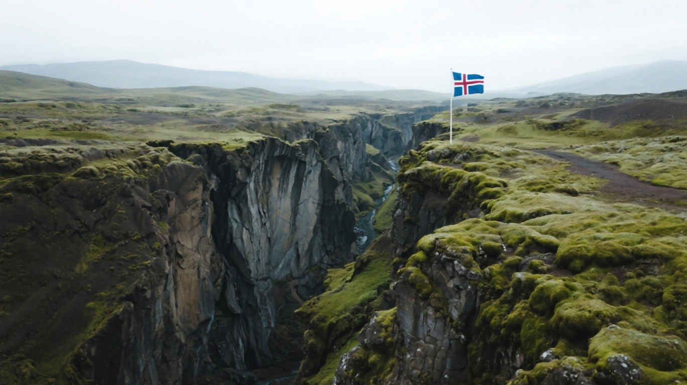 Thingvellir National Park with the Almannagia rift valley and Icelandic flag