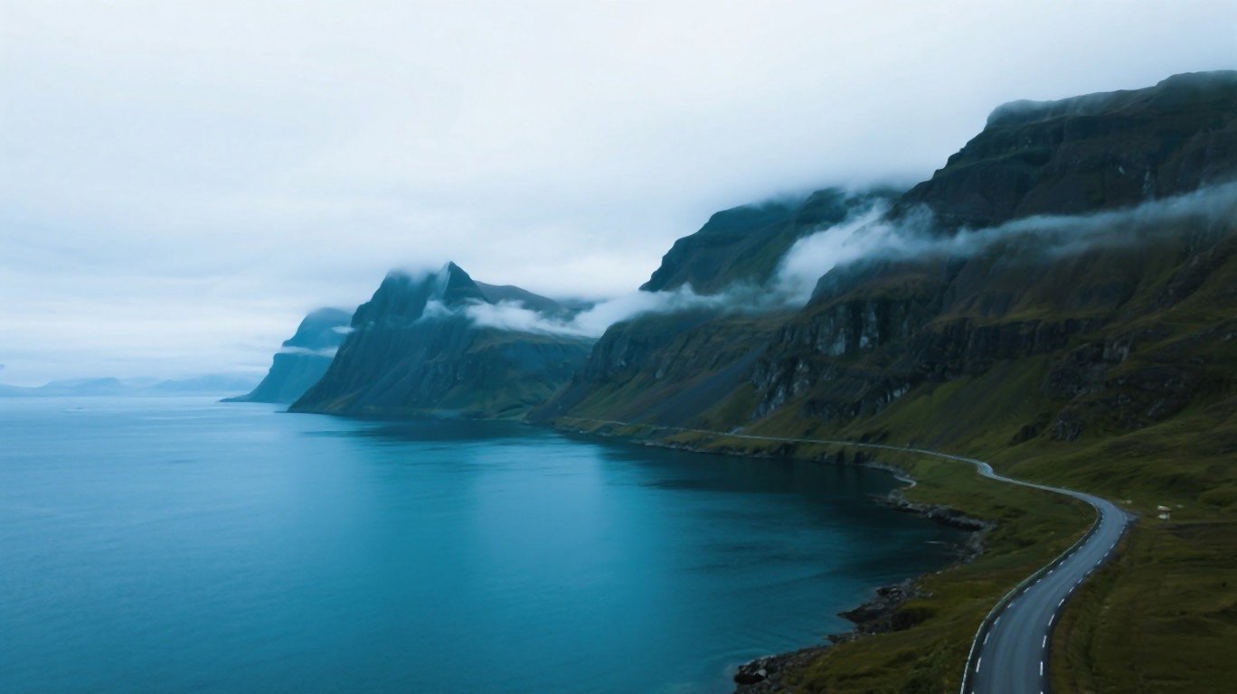 Dramatic fjord landscape in eastern Iceland with misty mountains
