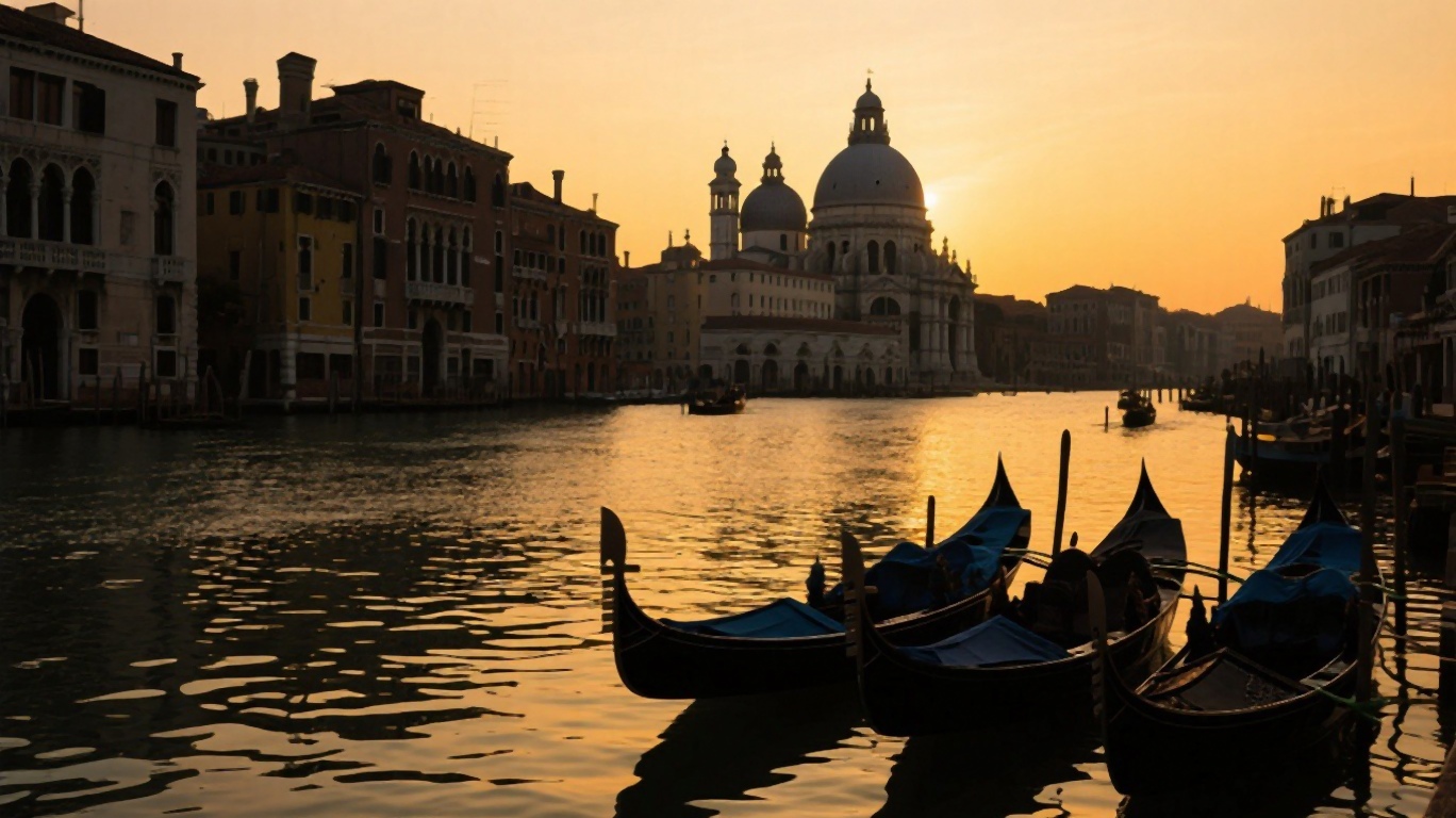Venice at sunset with warm golden light reflecting on the water