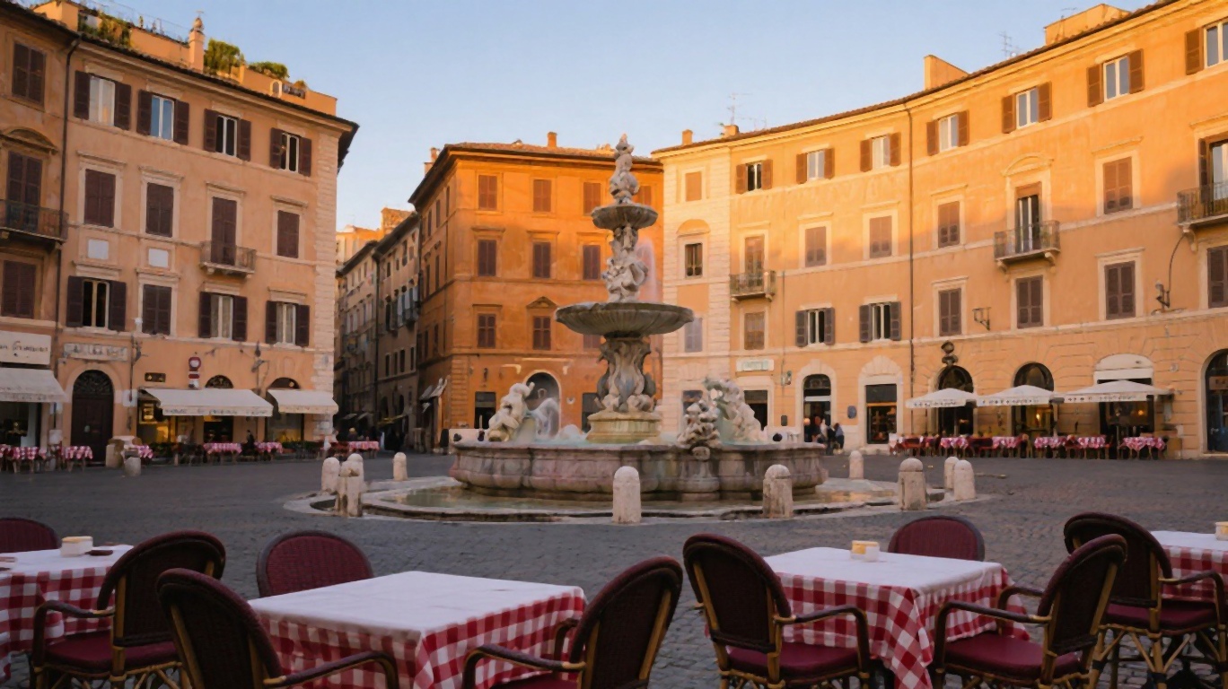 A lively piazza in Rome with outdoor dining and historic architecture