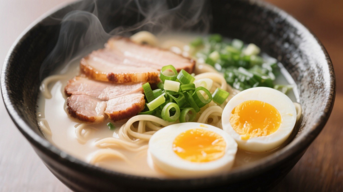A steaming bowl of tonkotsu ramen with chashu pork and a seasoned egg