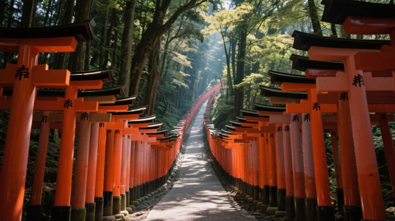 The vermillion torii gates of Fushimi Inari Shrine stretching up the mountainside
