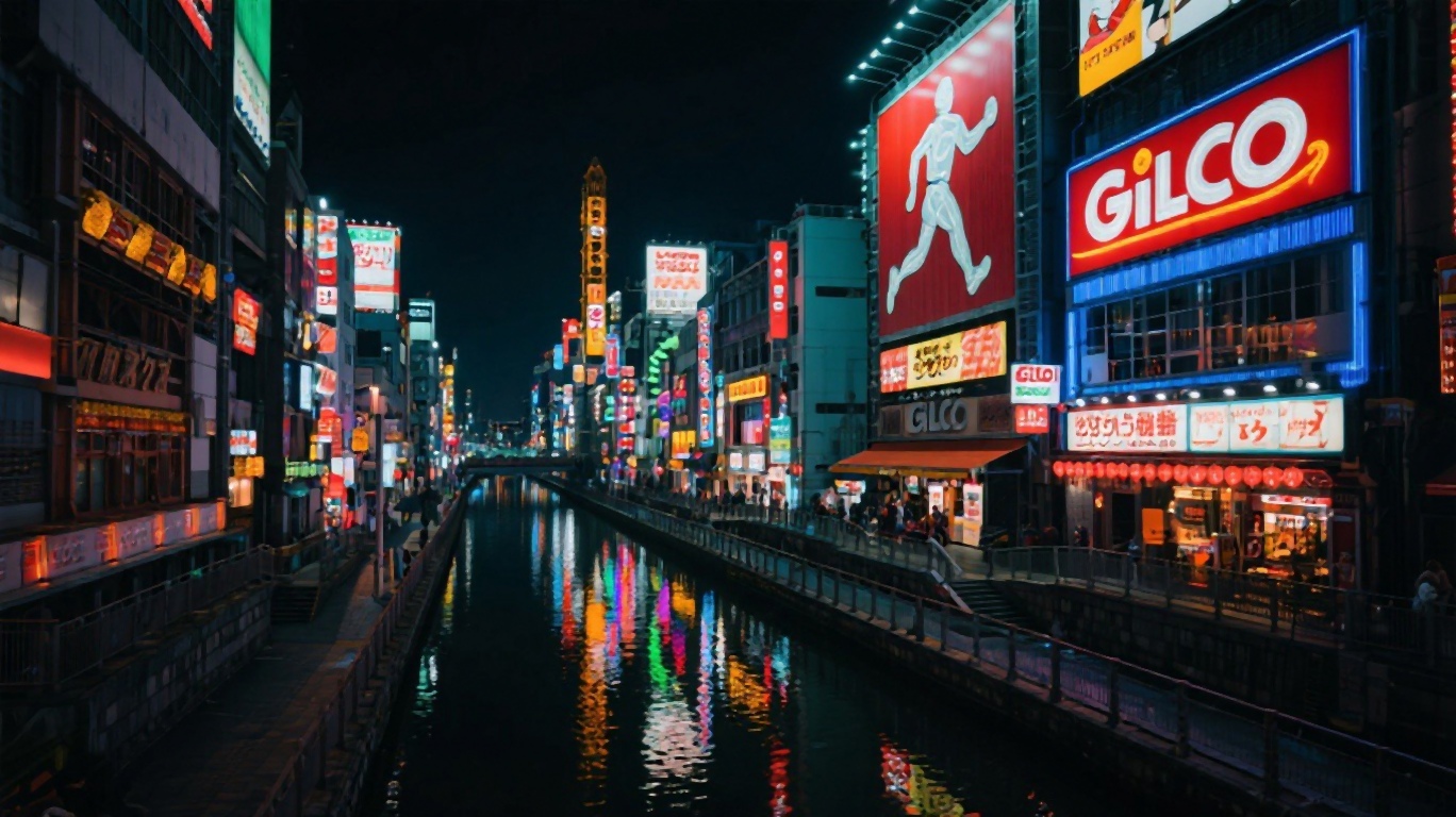 The dazzling neon signage of Dotonbori canal in Osaka at night