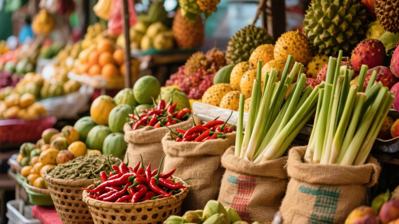 Vendor at a Thai market weighing fresh produce and spices