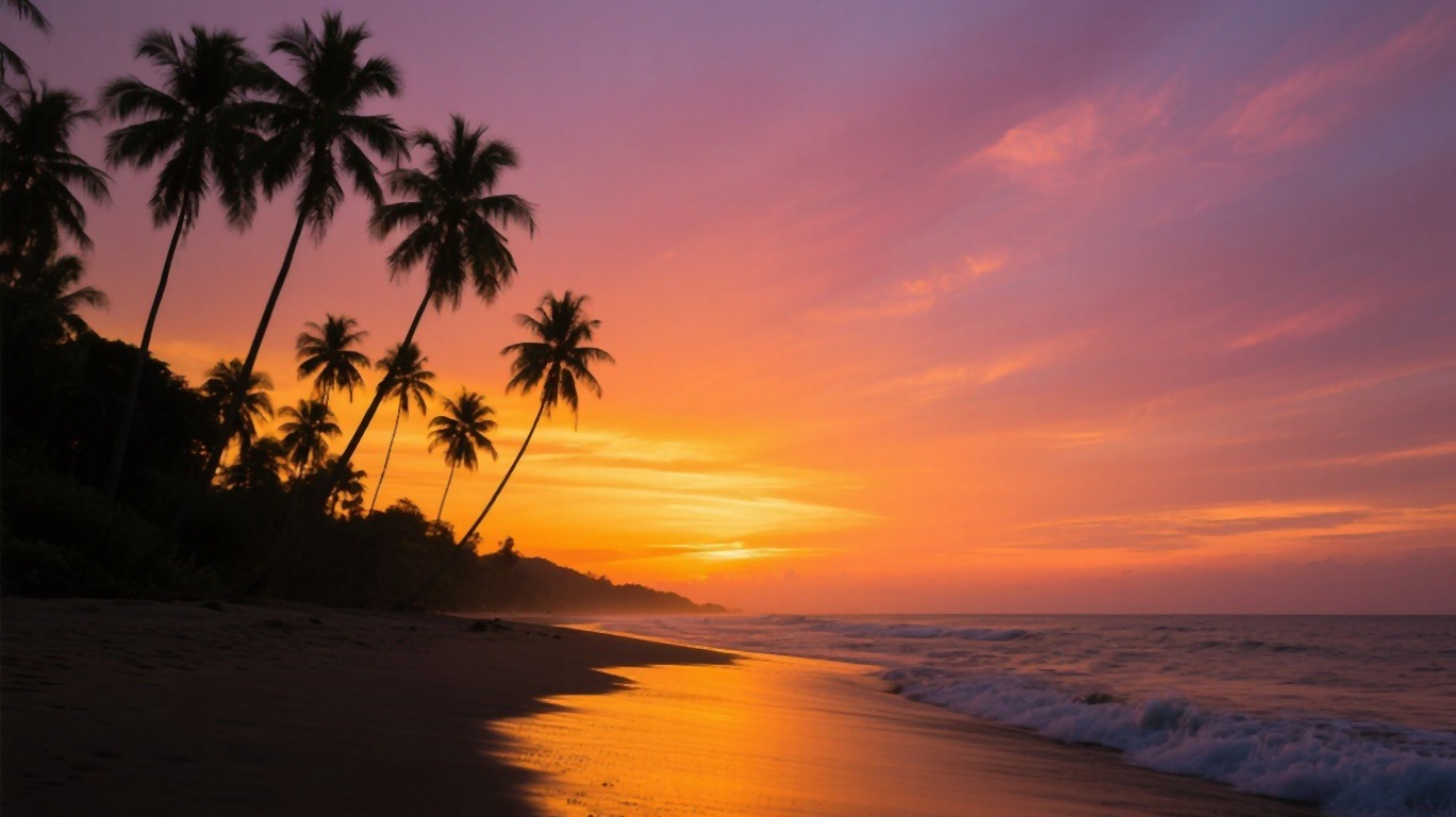 Golden sunset over a Thai beach with palm tree silhouettes