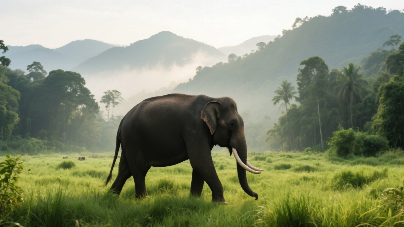 Elephant walking freely in a lush green sanctuary in Chiang Mai