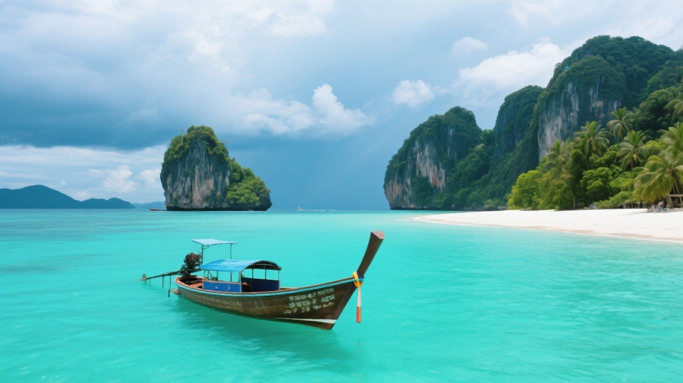 Longtail boat in crystal clear turquoise water at a Thai island