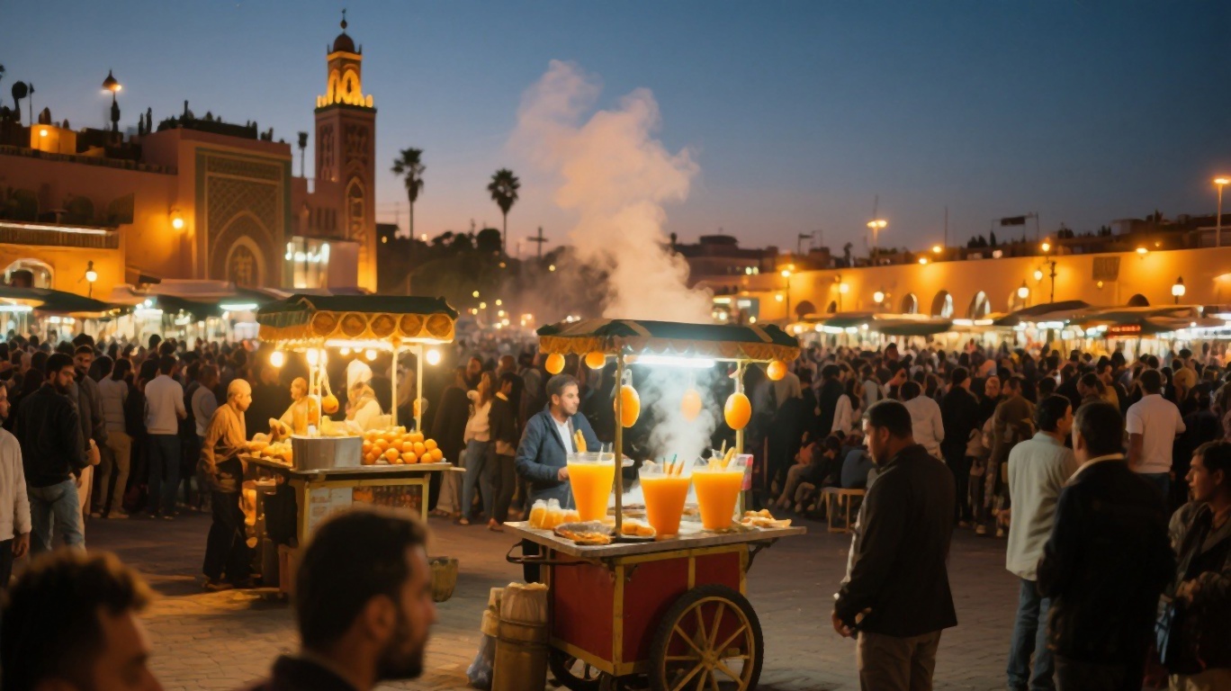 Jemaa el-Fnaa square at night with food stalls and crowds under string lights
