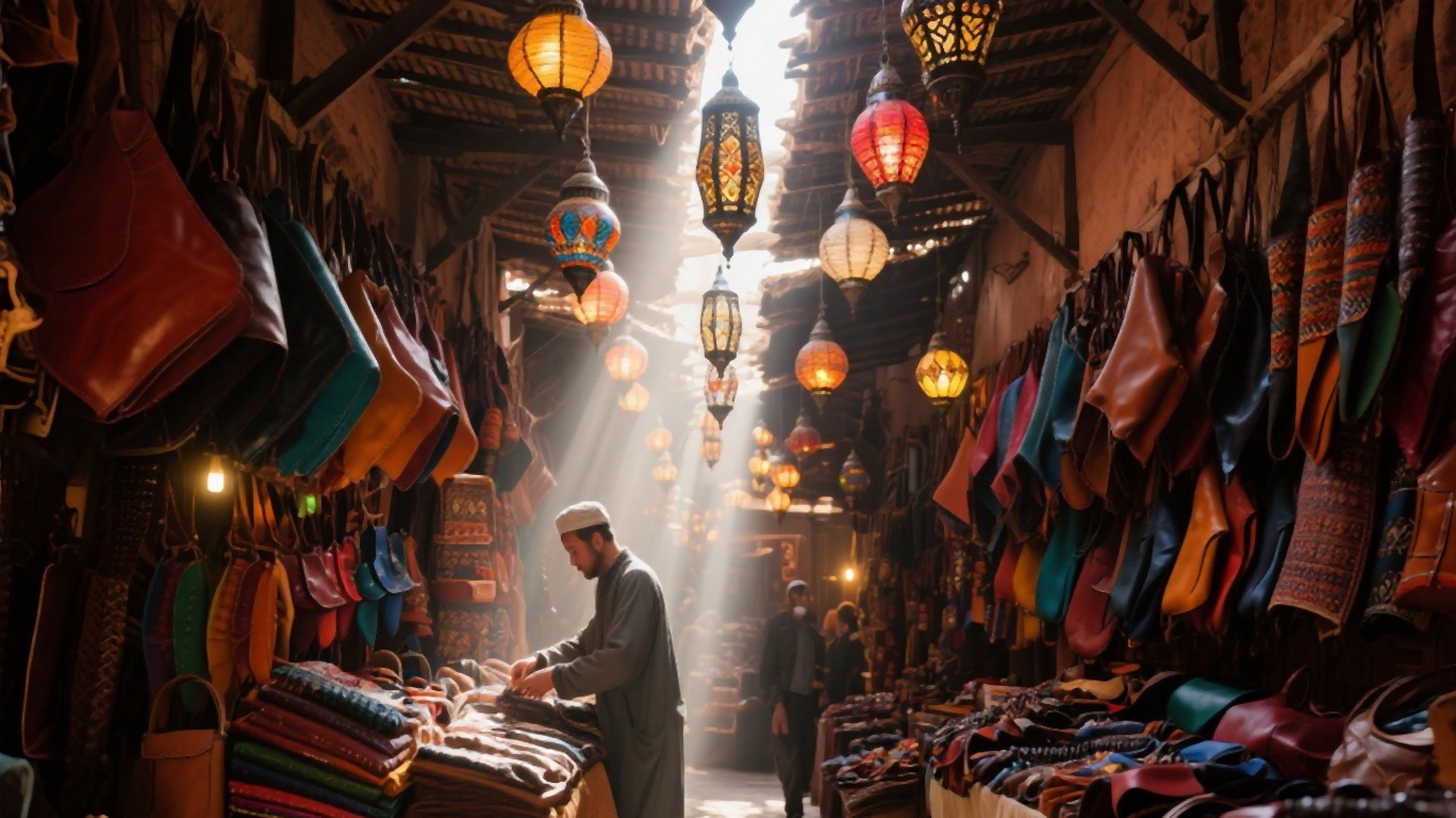 Moroccan shopkeeper in a spice stall in the Fes medina surrounded by colourful pyramids of spices