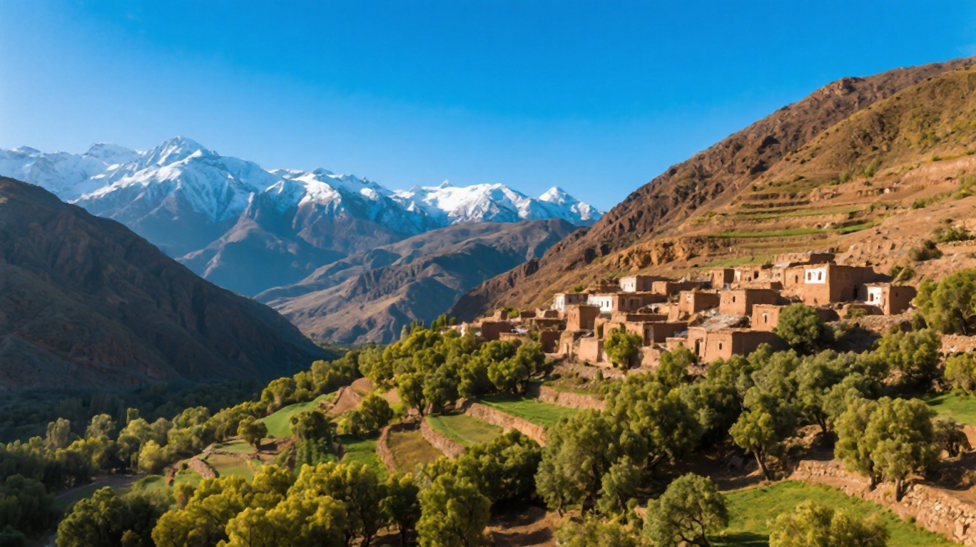 Terraced Berber village in the Atlas Mountains with snow-capped peaks in the background