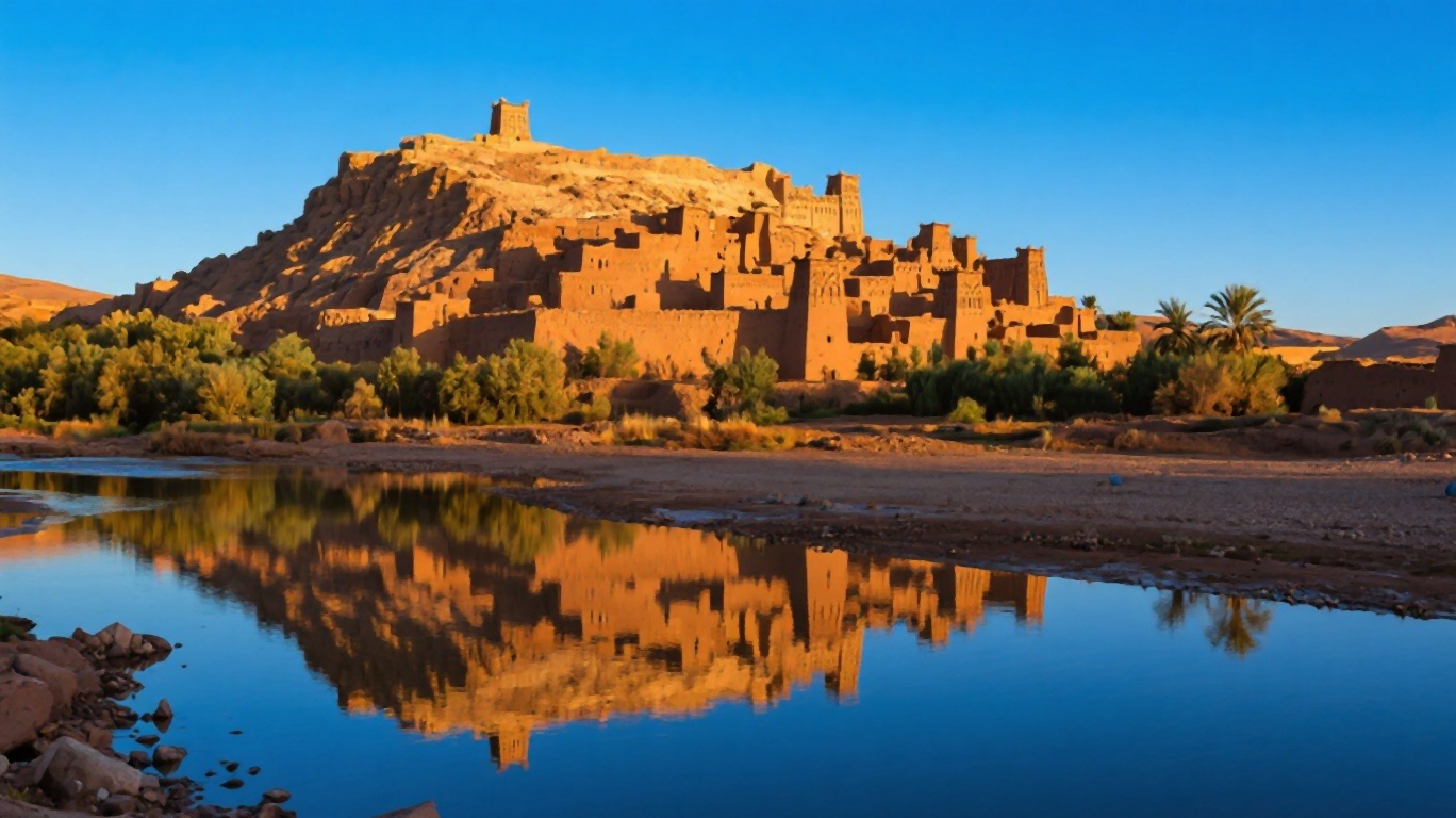 Aït Benhaddou kasbah rising in tiers of red clay against a blue sky