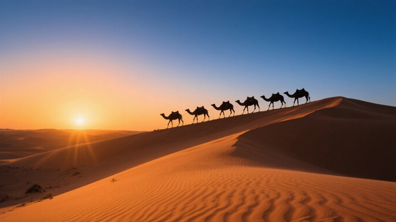 Camel caravan silhouetted against orange sand dunes at sunset in the Sahara Desert