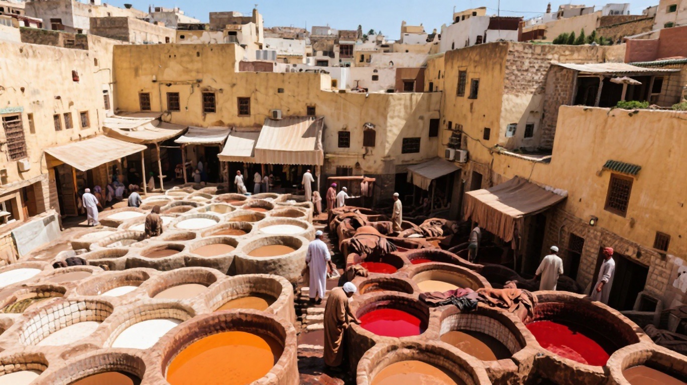 Aerial view of the Chouara Tannery in Fes with colourful dye pits and workers