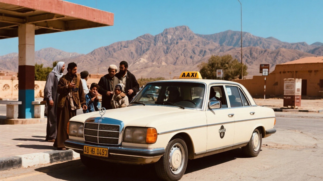 Colourful grand taxi Mercedes on a Moroccan road with Atlas Mountains in the background