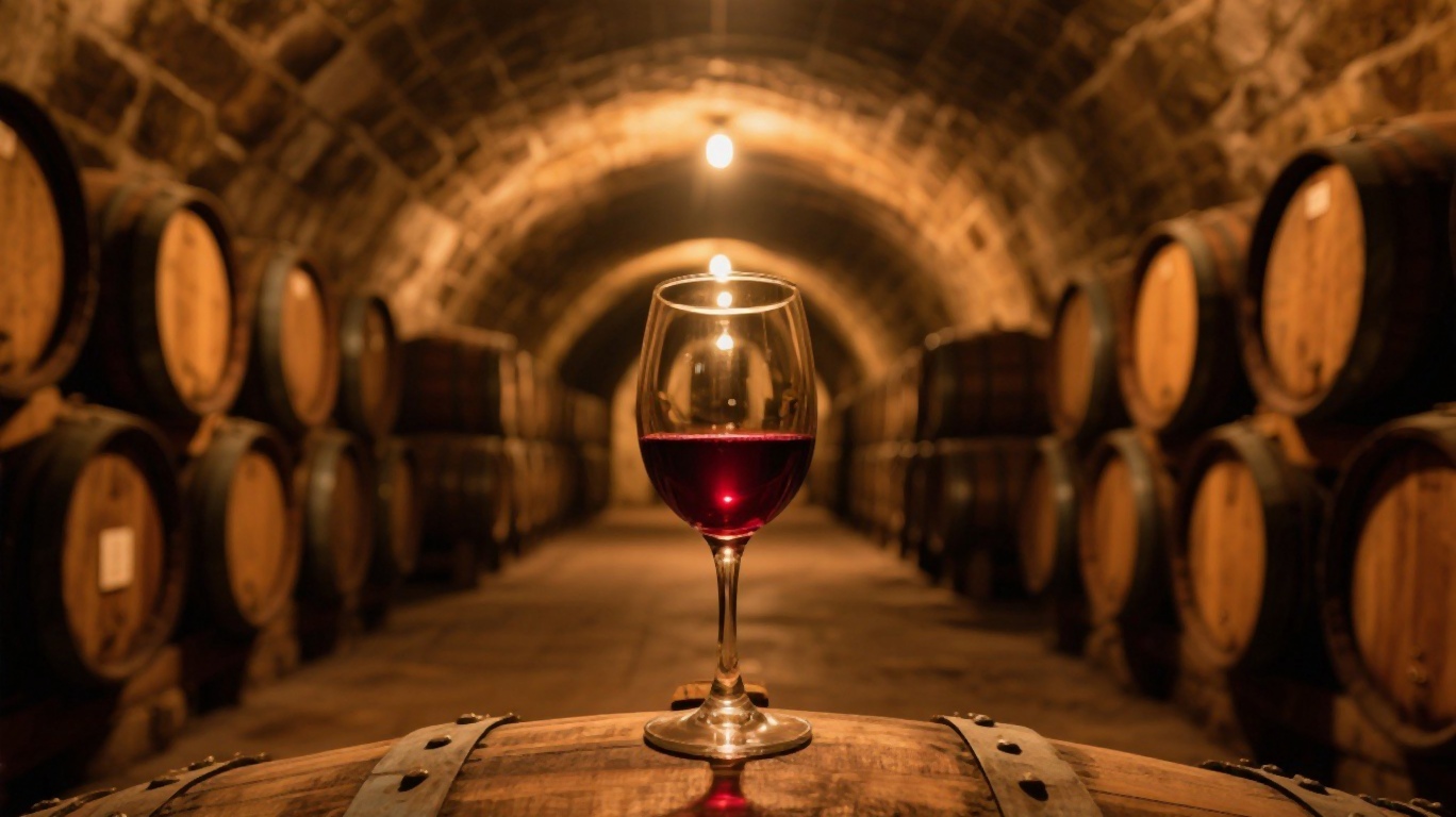 Rows of oak port wine barrels inside the dimly lit cellars of Taylor Port in Vila Nova de Gaia