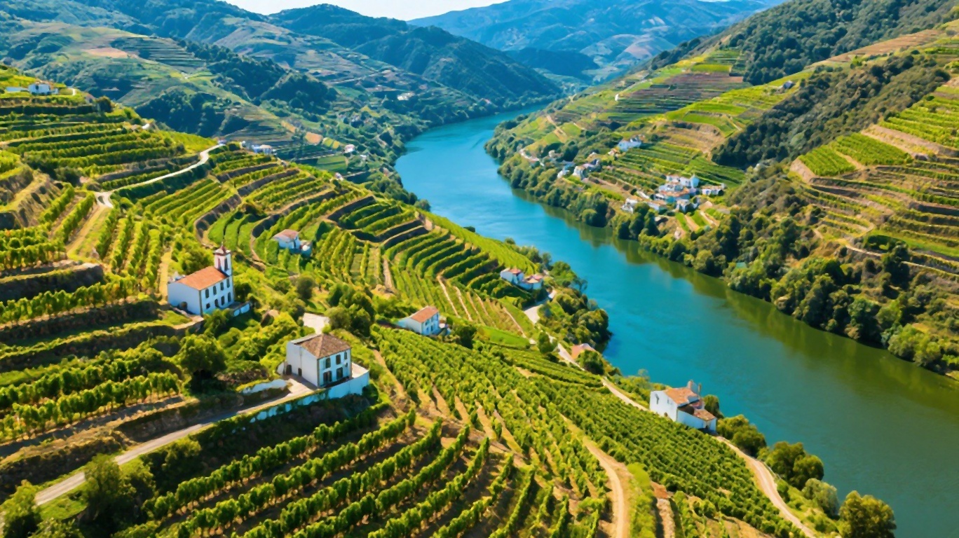 Terraced vineyards of the Douro Valley sloping down to the river with a rabelo boat in the foreground