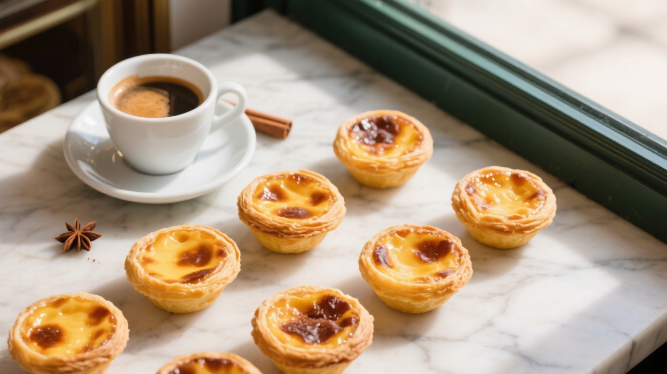 Portuguese euro coins and bills on a café table next to a coffee and pastel de nata