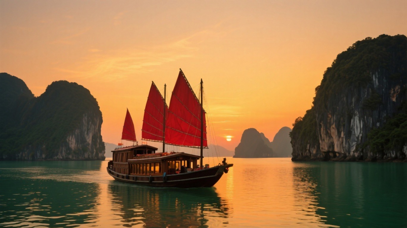 Limestone karsts rising from emerald waters of Ha Long Bay with a traditional junk boat