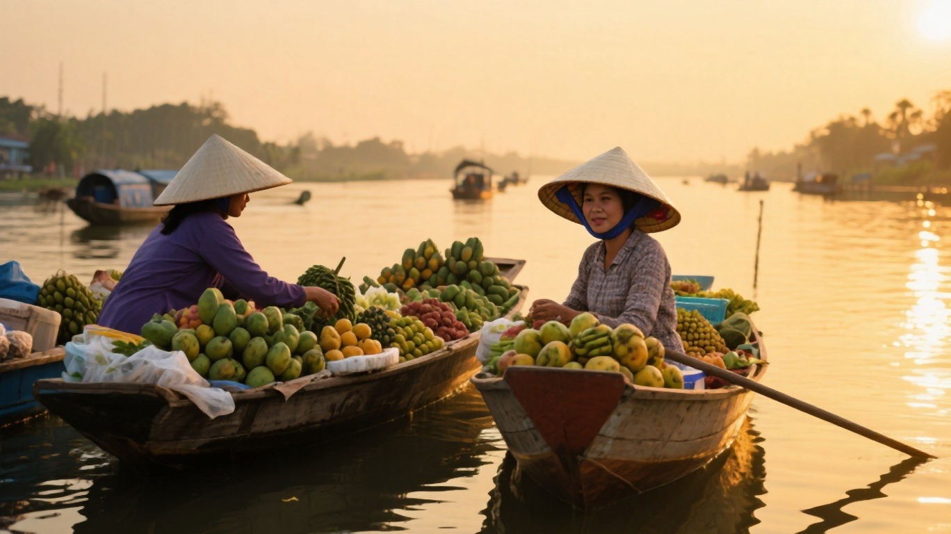Wooden boats loaded with tropical fruit at a Mekong Delta floating market at sunrise